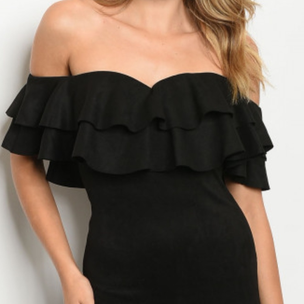 BLACK FAUX SUEDE OFF SHOULDER DRESS - Picture 2 of 6